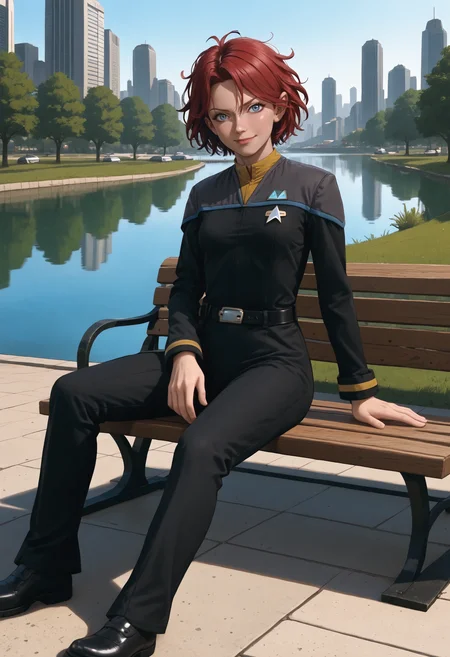 score_9, score_8_up, score_7_up, source_anime, (smirk:1.1), relaxing, on bench,
BREAK
<lora:KaraDBH:0.9> 1girl, short hair, (messy hair:1.4), red hair, blue eyes, lips, small breasts, (slim hips:1.1), (skinny:1.2), slender, athletic,
BREAK
<lora:ponyDS9:1> ds9st, black and grey star trek uniform, grey shoulders, yellow neck, black jumpsuit, shoes, belt,
BREAK
<lora:StS_PonyXL_Detail_Slider_v1.4_iteration_3 (1):3>, scenery, outdoors, park, lake, park bench, cityscape, science fiction,
BREAK
volumetric lighting, depth of field, cinematic, vibrant, shadows, detailed, high contrast,âââ <lora:vivid_everclear:0.3>,âââ