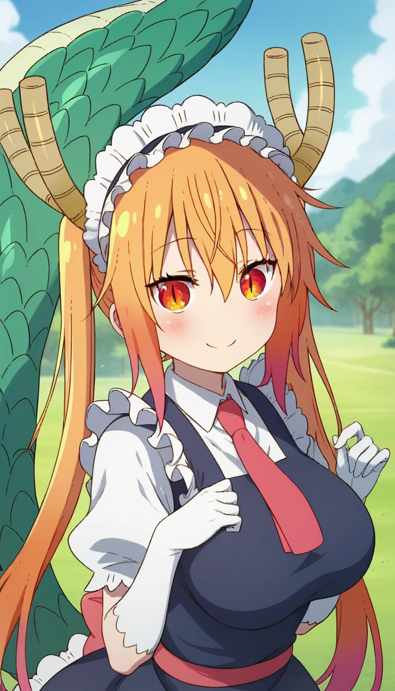 score_9,score_8_up,score_7_up,score_6_up BREAK official art,solo,outdoors,upper body,looking at viewer,facing viewer,smile,blush,tohru \(maidragon\),dragon horns,maid headdress,very long hair,orange hair,multicolored hair,twintails,sidelocks,hair between eyes,bangs,orange eyes,slit pupils,maid,blue dress,long dress,red necktie,collared shirt,white shirt,puffy short sleeves,elbow gloves,white gloves,large breasts,skindentation,frills,dragon tail,large tail,white pantyhose,brown footwear,<lora:Tohru(mkdm)-Pony:1.2>,