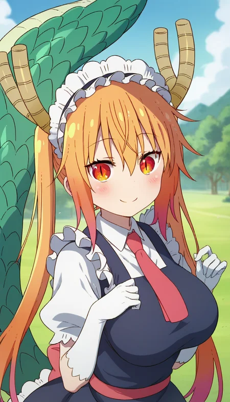 score_9,score_8_up,score_7_up,score_6_up BREAK official art,solo,outdoors,upper body,looking at viewer,facing viewer,smile,blush,tohru \(maidragon\),dragon horns,maid headdress,very long hair,orange hair,multicolored hair,twintails,sidelocks,hair between eyes,bangs,orange eyes,slit pupils,maid,blue dress,long dress,red necktie,collared shirt,white shirt,puffy short sleeves,elbow gloves,white gloves,large breasts,skindentation,frills,dragon tail,large tail,white pantyhose,brown footwear,<lora:Tohru(mkdm)-Pony:1.2>,