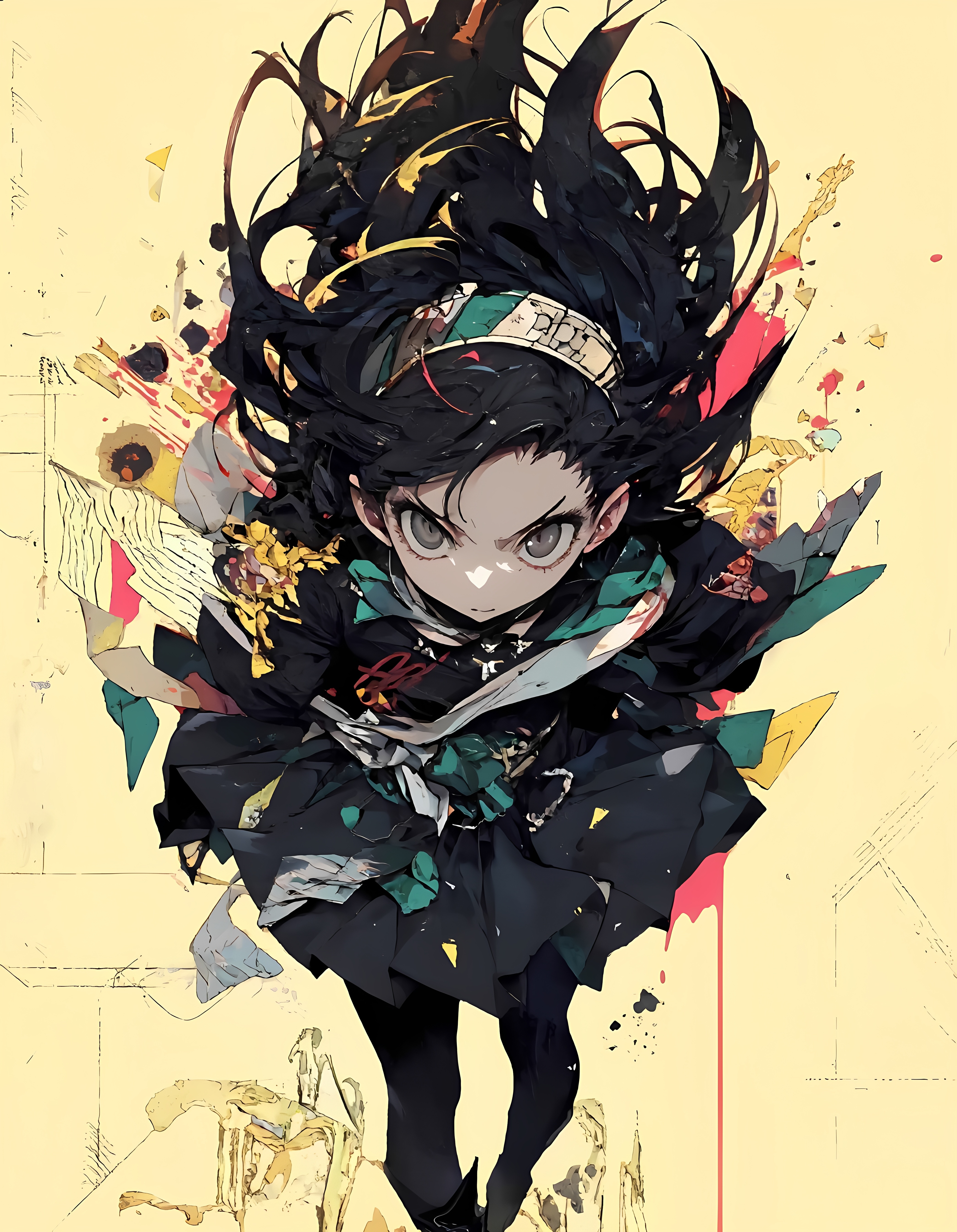 masterpiece, high quality, high sketch art, manga style, a darksoul girl, color ink art, from above. (magehat:1.0), 8k uhd, hyperrealism, hyperdetailed illustration style, Bauhaus style, light yellow background,