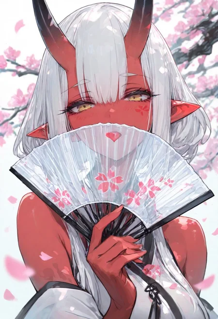masterpiece, best quality, Good quality, very aesthetic, absurdres, newest,1girl, light rays, looking at viewer, solo,
Cinematic Lighting, gradient color, gorgeous girl
BREAK
masterpiece, amazing quality, best quality, ultra-detailed, 8K, illustration, CG, ultra-detailed-eyes, detailed background, cute girl, eyelashes, erotic, love, petals falling,
BREAK
(sexy, slutty, hot, aroused),
Aka-Oni, oni, colored skin, red skin, smooth horns, black horns
BREAK
holding fan, covering face, dynamic pose, looking at viewer, petals falling, translucent fan, cherry blossom,
blurry foreground, branch, kiss mark, portrait,
