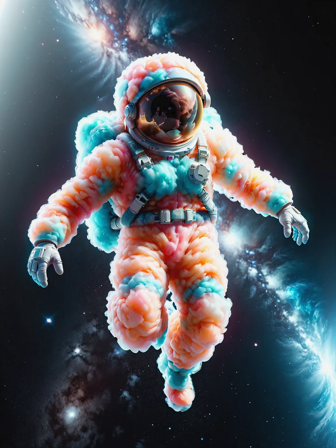 astronaut mad-cttncndy floating in space around, dynamic pose, cinematic shot, great lighting <lora:Cotton_Candy_SDXL:1.2>, (masterpiece:1.2), best quality