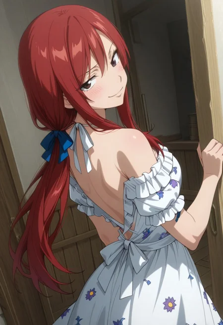 aesthetic, masterpiece, work of art, best quality, best, anime, detailed, score_9, score_8, score_7, Expressiveh, Sundress, With Bows and Ribbons, Sleeveless, Backless, Off Shoulder, Short Sleeved, Haltertop, Hair Ribbons, Checker-print, Frilly, Floral Print, Erza_Scarlet, blush, leaning against doorway, smirking, looking down at viewer