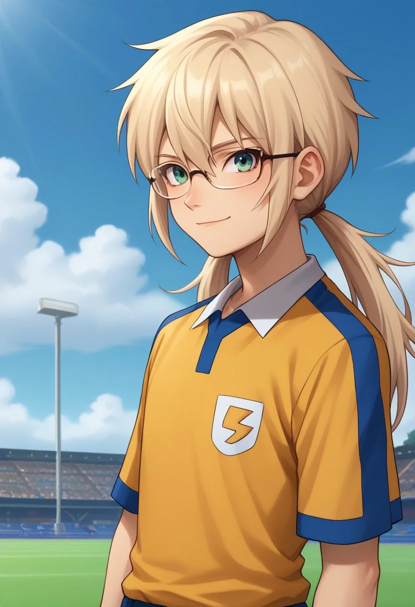 score_9, score_8_up, score_7_up, source_anime, highly detailed,
kirino, 1boy, male focus, solo, blonde hair, green eyes, glasses, twintails, very long hair, sportwear, raimon, raimon soccer uniform, shirt, yellow shirt, short sleeves, shorts, blue shorts, upper body, smile
outdoor, sky, cloud