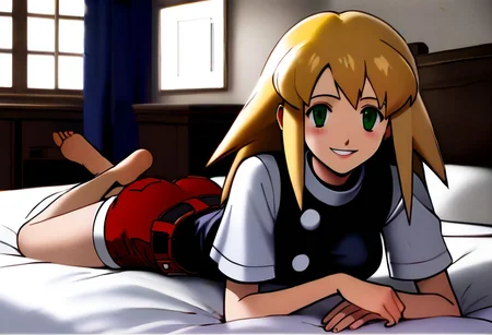 1girl, solo female, Roll Caskett (mega man), <lora:roll_caskett:1>, blonde hair, green eyes, long messy hair with pointed bangs, long side locks and center part hair, black choker, medium breasts, athletic petite female body, red cropped t-shirt vest with giant silver buttons, red short-shorts with belt, barefoot, smooth soles, pretty feet, laying prone on bed with crossed feet up behind head, smiling at viewer,
bedroom,
megaman legends anime style,
NegfeetV2, Perfect Hands, charturnerv2,