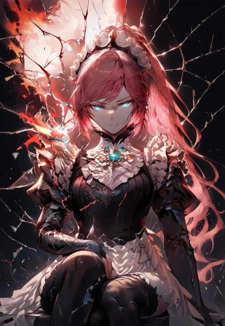 zPDXL2, score_9_up, score_8_up, score_7_up, (Anime_source), high detail face, best quality, absurd res, 1girl, feliciadef, pink hair, ponytail, blue eyes, maid headdress, brooch, maid apron, black thighhighs, bridal gauntlets, sitting on throne, smirk, dutch angle, crossed leg, red theme, looking at viewer, rainbow fire, black background, upper body, shattered
crack, cracked skin, broken glass