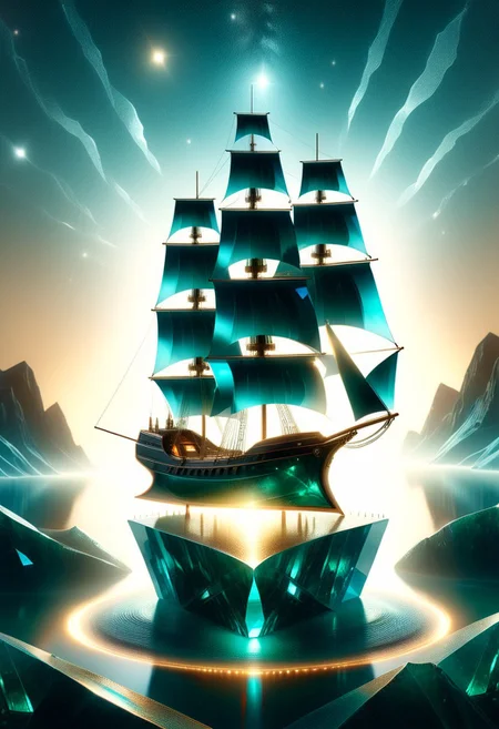 An ice boat made entirely of transparent crystal sailing on a frozen lake. It is entirely made out of transparent glass crystal with a depth that reflects what looks like the universe of galaxies and stars, ultra detailed, enhanced, prismatic colors, render, CRU, sharp, 8k, octane render, cinema 4d, blender, dark, atmospheric 4k ultra detailed, cinematic, Sharp focus, big depth of field, Masterpiece, colors, 3d octane render, 4k, concept art, hyperrealistic, Vivid colors, extremely detailed 8k wallpaper, Intricate, High Detail. Moonlit night scene with the boat focused in the light of several high intensity spotlights. Camera is looking down and sideways as the car. emeraldmorph