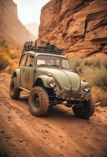 A Volkswagen beetle ((all dirty, rusty in places, a lot of dust, tuned in cyberpunk style)) drives through a canyon with a scared driver, high speed chase in a canyon, being chased by a techno-dinosaur cinematic, dramatic light, in motion, motion blur, < lora:Lightweight_Land_Rover_SDXL:0.7>