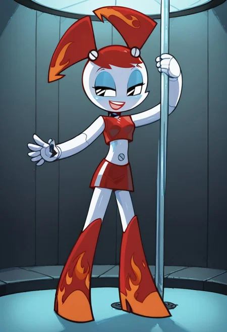 score_9,score_8_up,score_7_up, Expressiveh, Jenny, 1girl, solo, hot rod jenny, robot joints, twintails, red hair, black eyes, red tube top, red skirt, orange flame accents, sexy, come hither, seductive, red hair, standing, red knee boots, pole dancing, small breasts, BREAK, detailed background, indoors, 90s neon lights, stripper stage, dance floor, stripper pole, BREAK, cowboy shot, BREAK, vibrant colors, cinematic lighting, 75% soft lighting, 25% dark lighting