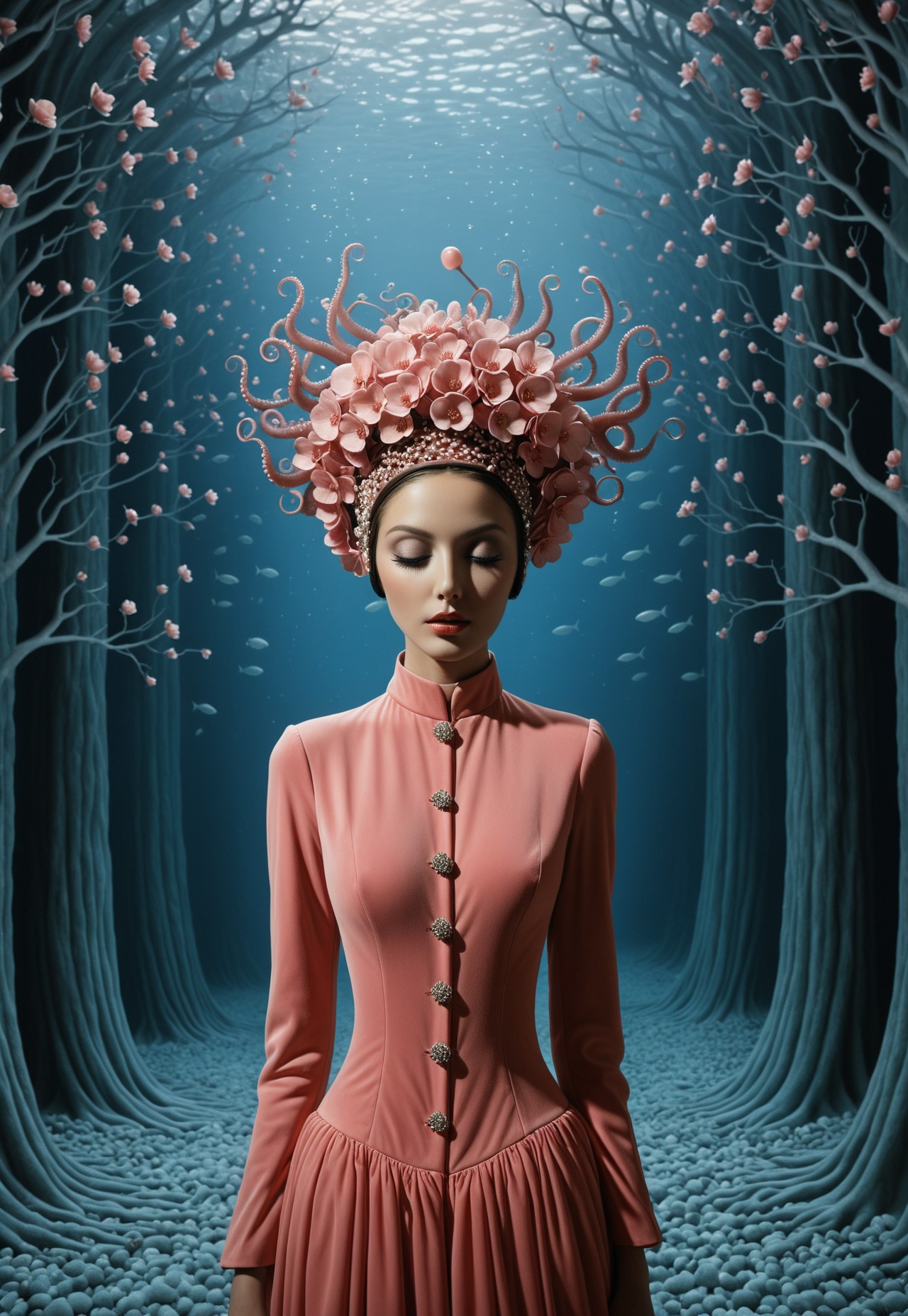 Blossom-Coral Priestess
A regal woman adorned in a gown made of countless small pink blossoms, with coral-branch headdress and floral textures forming octopus tentacles that extend behind her, soft ambient light, surreal underwater cathedral vibe, intricate organic detailing, whimsical yet solemn, muted tones