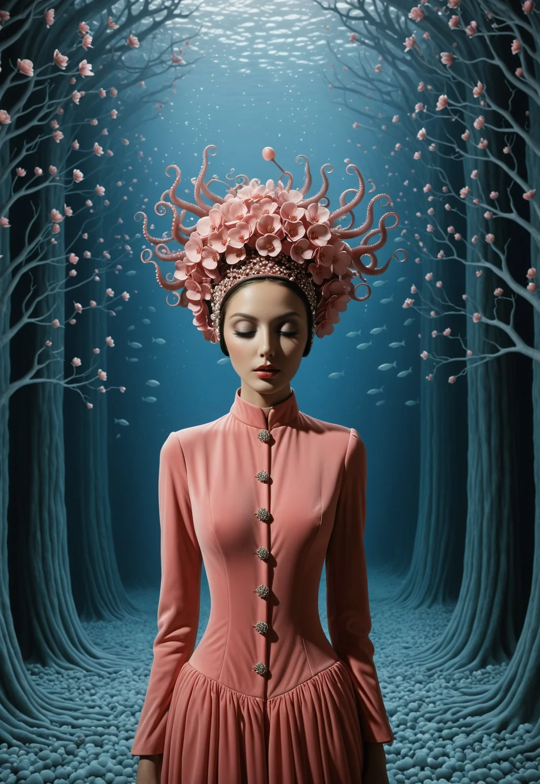 Blossom-Coral Priestess
A regal woman adorned in a gown made of countless small pink blossoms, with coral-branch headdress and floral textures forming octopus tentacles that extend behind her, soft ambient light, surreal underwater cathedral vibe, intricate organic detailing, whimsical yet solemn, muted tones