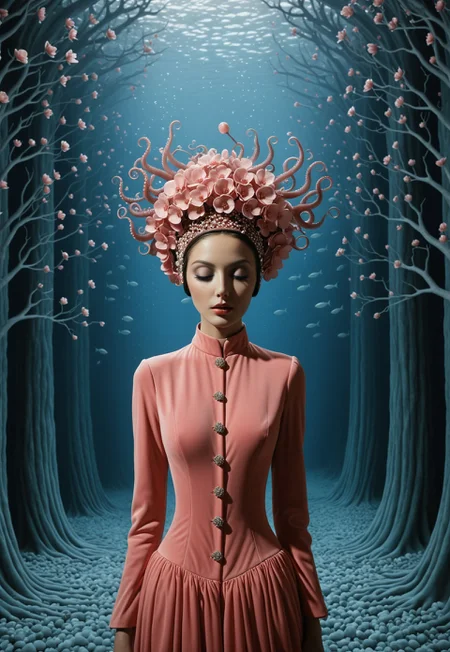 Blossom-Coral Priestess
A regal woman adorned in a gown made of countless small pink blossoms, with coral-branch headdress and floral textures forming octopus tentacles that extend behind her, soft ambient light, surreal underwater cathedral vibe, intricate organic detailing, whimsical yet solemn, muted tones