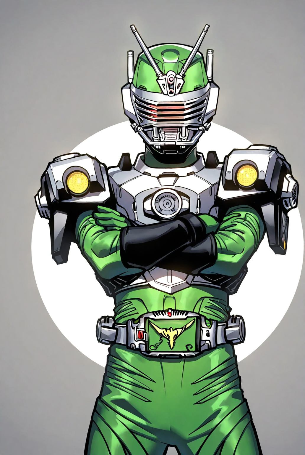 score_9,score_8_up,score_7_up,male focus,ultra-detailed,high resolution,digital painting,8k,1boy,solo,cowboy shot,male focus,detailed face,armor,helmet,belt,antennae,bodysuit,green bodysuit,standing,crossed arms, looking at viewer,<lora:add-detail-xl:1>,<lora:Kamen Rider Zolda:0.8>,kamen rider zolda,<lora:LYDart StyleIlluLYCO:0.4>,ydart,