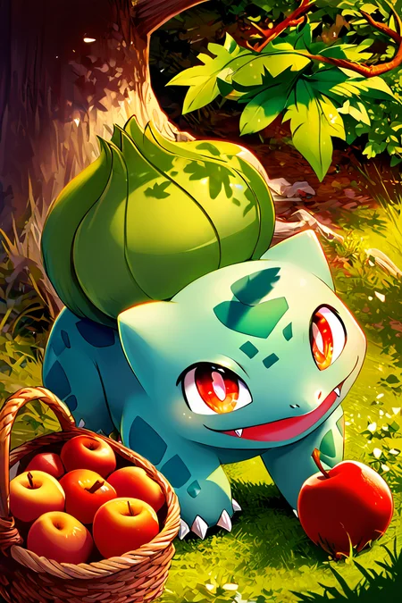 score_9, score_8_up, score_8, ,,, , ,,, zzBulbasaur, smile, open mouth, red eyes, holding, standing, :d, outdoors, food, day, tongue, blurry, tree, fruit, leaf, fangs, grass, bright pupils, claws, white pupils, apple, basket, bush, vines, holding basket, <lora:BulbasaurPokedexPDXL:1.0>, ,,,, BREAK, smile, closed mouth, looking at viewer, cowboy shot, ,,, embedding:zPDXL, Expressiveh, ,,, <lora:Konpeto_PDXL_v3:1.0>, <lora:SDXLFaeTastic2400:0.5>, <lora:Expressive_H-000001:0.4>,