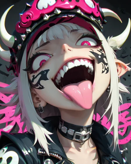 <lora:add-detail-xl:0.3>
<lora:Punk_Anime_XL:0.91>,
<lora:Goth_Neon_XL:0.55>
<lora:Photographer Maren Klemp Style:1.1>, (maren, klemp, style),
1girl, bangs, blunt bangs, choker, close-up, crown, dark-skinned female, earrings, facepaint, horns, jewelry, looking at viewer, open clothes, open jacket, open mouth, pink eyes, portrait, red neckerchief, saliva, solo, teeth, tongue, tongue out, zipper