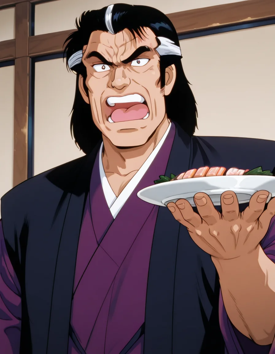 <lora:kaibara_yuzan_ill_0.90-000010:1>, yuzan, oldman, purple kimono, haori, soloaskwhocook, standing, upright, holding plate in one hand, no other hand, sashimi, open mouth, upper body, (serious:0.9), masterpiece, best quality, good quality, anime coloring,
<lora:askwhocook_ill_v0.91-000010:0.7>,