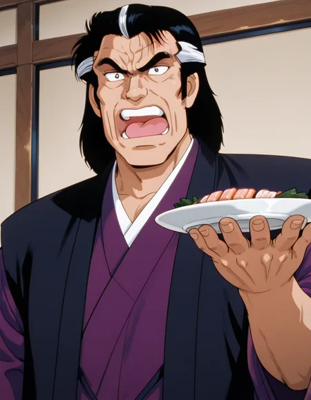 <lora:kaibara_yuzan_ill_0.90-000010:1>, yuzan, oldman, purple kimono, haori, soloaskwhocook, standing, upright, holding plate in one hand, no other hand, sashimi, open mouth, upper body, (serious:0.9), masterpiece, best quality, good quality, anime coloring,
<lora:askwhocook_ill_v0.91-000010:0.7>,