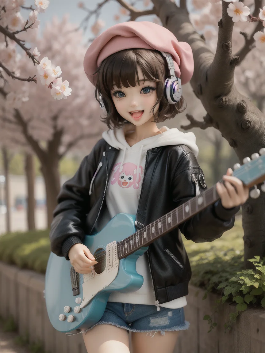 (masterpiece),(best quality),(ultra-detailed), (full body:1.2),
1girl,chibi,cute, smile, open mouth,
flower, outdoors, playing guitar, music, beret, holding guitar, jacket, blush, tree, :3, shirt, short hair, cherry blossoms, green headwear, blurry, brown hair, blush stickers, long sleeves, bangs, headphones, black hair, pink flower,
(beautiful detailed face), (beautiful detailed eyes),
<lora:figmaAnimeFigures_figma:1>