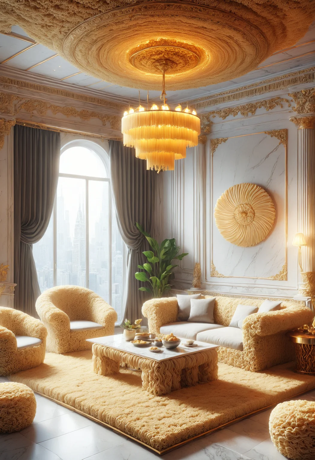 a luxurious living room, (Opulent:1.2) chandelier, (plush:1.1) velvet sofa, (ornate:1.3) golden frames, (expensive:1.2) artwork, (gleaming:1.1) marble floors, (soft:1.1) ambient lighting., made out of instant noodles, <lora:PinkieNdlsSDXL:1>, p1nkn00dles,