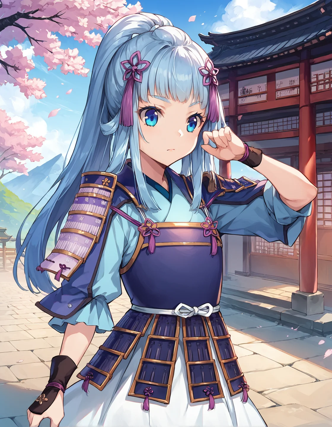 score_9, score_8_up, score_7_up, score_6_up, girl in dynamic pose in shrine, source_anime, 1girl, masterpiece, best quality, cinematic lighting, upper body, medium shot, mgrcmizunatsuyu, blue hair, high ponytail, blue eyes, twin purple hairpins, blue with aqua shirt, black wrist guards, wtite skirt, blue japanese armor, blue kote, outdoors, shrine, mountains, day, cherry blossoms, dynamic pose, <lora:mgrcmizunatsuyu_XL:0.9>