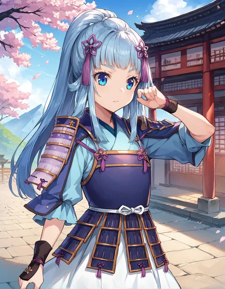 score_9, score_8_up, score_7_up, score_6_up, girl in dynamic pose in shrine, source_anime, 1girl, masterpiece, best quality, cinematic lighting, upper body, medium shot, mgrcmizunatsuyu, blue hair, high ponytail, blue eyes, twin purple hairpins, blue with aqua shirt, black wrist guards, wtite skirt, blue japanese armor, blue kote, outdoors, shrine, mountains, day, cherry blossoms, dynamic pose, <lora:mgrcmizunatsuyu_XL:0.9>