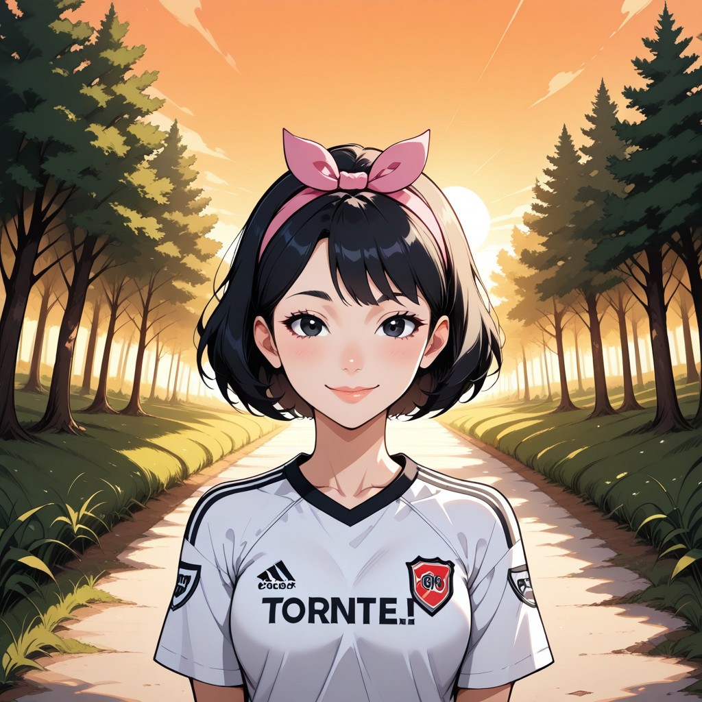 score_9, score_8, BREAK, solo, total drama, 1girl, short black hair, pink headband, pink head bow, black eyes, lips, RiverPlate, striped shirt, striped, shirt, white shirt, short sleeves, clothes writing, sportswear, soccer uniform, EllaTD, cute, sexy pose, self portrait, smile, looking at viewer, outdoors, sunlight, shadows, evening lighting, natural lighting, forest, trees, grass, orange sky, sunset