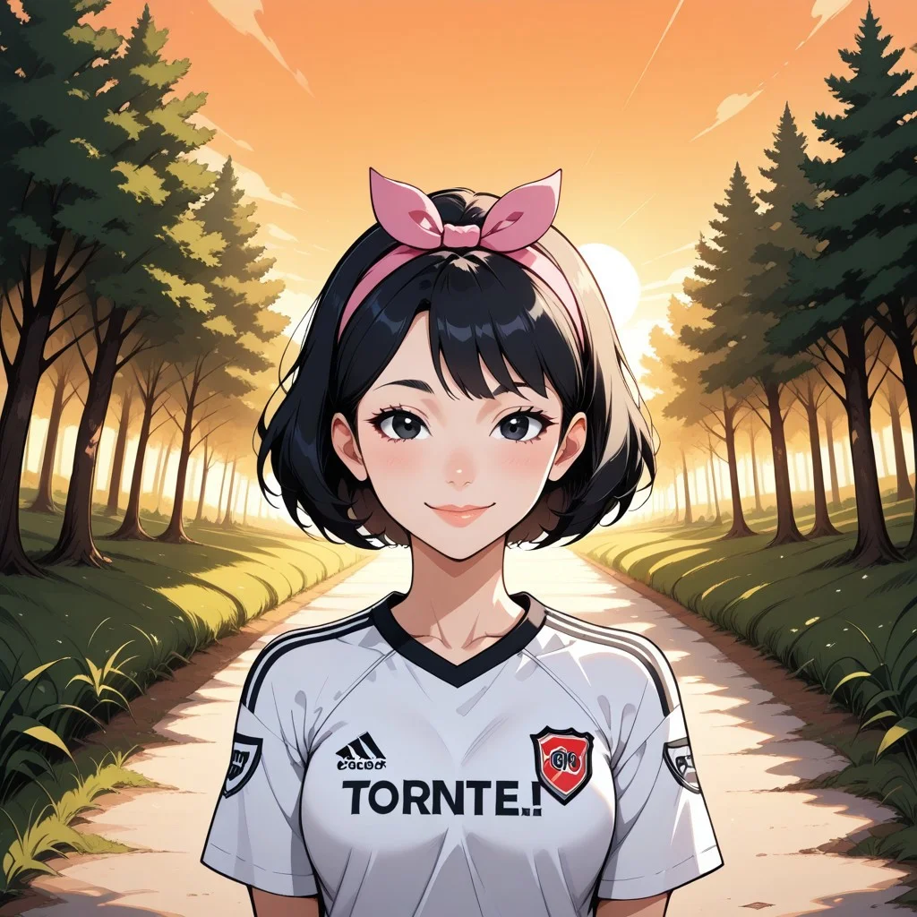 score_9, score_8, BREAK, solo, total drama, 1girl, short black hair, pink headband, pink head bow, black eyes, lips, RiverPlate, striped shirt, striped, shirt, white shirt, short sleeves, clothes writing, sportswear, soccer uniform, EllaTD, cute, sexy pose, self portrait, smile, looking at viewer, outdoors, sunlight, shadows, evening lighting, natural lighting, forest, trees, grass, orange sky, sunset