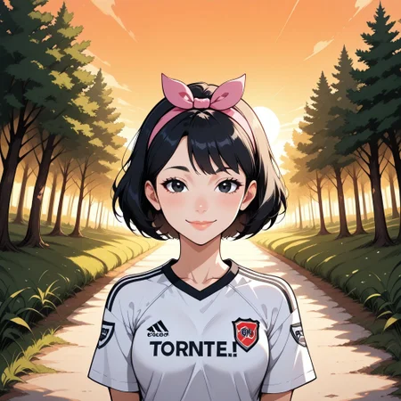 score_9, score_8, BREAK, solo, total drama, 1girl, short black hair, pink headband, pink head bow, black eyes, lips, RiverPlate, striped shirt, striped, shirt, white shirt, short sleeves, clothes writing, sportswear, soccer uniform, EllaTD, cute, sexy pose, self portrait, smile, looking at viewer, outdoors, sunlight, shadows, evening lighting, natural lighting, forest, trees, grass, orange sky, sunset