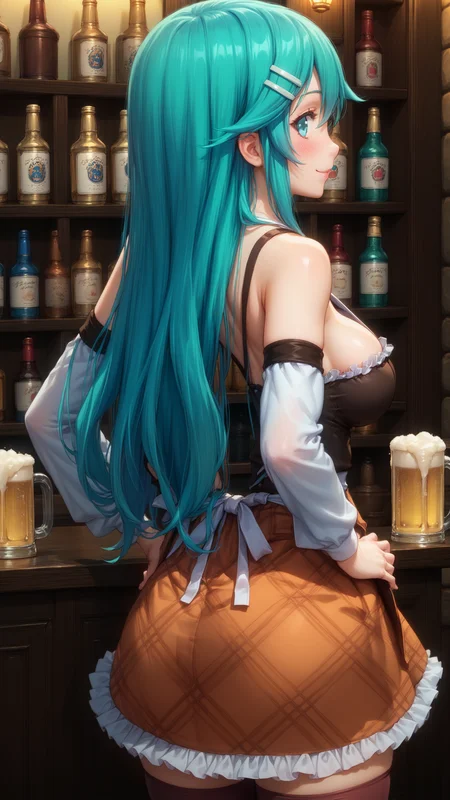 score_9, score_8_up, score_7_up, derpibooru_p_95, uncensored, masterpiece, absurdres, 1 girl, solo, facing away from viewer, hands on hips, smile, blush, <lora:Pulptenks_Flanders_Rance_01_Quest_for_Hikari:0.8>, pulptenks, aqua eyes, aqua hair, multicolored hair, long hair, hairclip, drindl, cleavage, detached sleeves, orange plaid skirt, brown thighhighs, apron, indoors, tavern, view from behind, close-up, beer