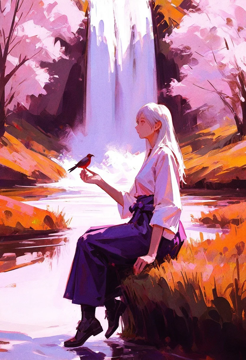 (kazuho iwamoto:1.2), (yun ling:1.2), (xilmo:1.1), realistic, newest, very awa, masterpiece, highres, absurdres, year 2024, year 2023,
1girl sitting, cute, cherry blossoms, pink theme, from side, sideview, looking to the side, looking afar, lake, waterfall, skinny, tall grass, long hair, white hair, outstretched hand, looking at bird, bird sitting on her hand, hand up, open hand,
wide shot, hakama pants, purple hakama, high contrast, saturated,