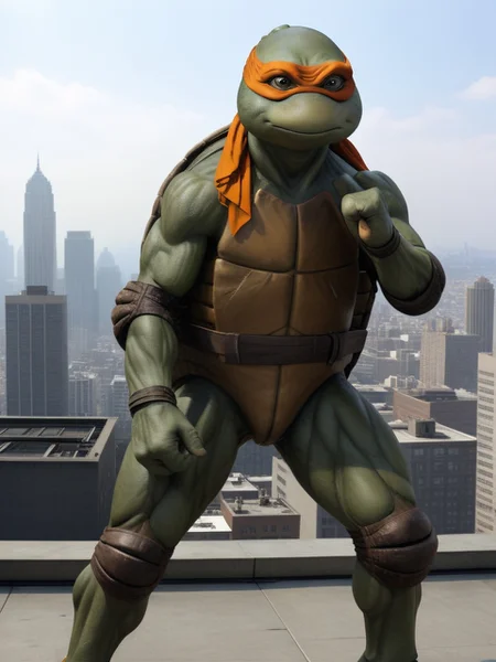 full body shot, fight stance, TMNTMichelangelo, a teenage mutant ninja turtle, wearing orange bandana mask with eye-holes, standing on a city rooftop during the day, skyscrapers and rooftops and day sky in the background, <lora:TMNT_Turtles_AIO_SDXL-000009:1>