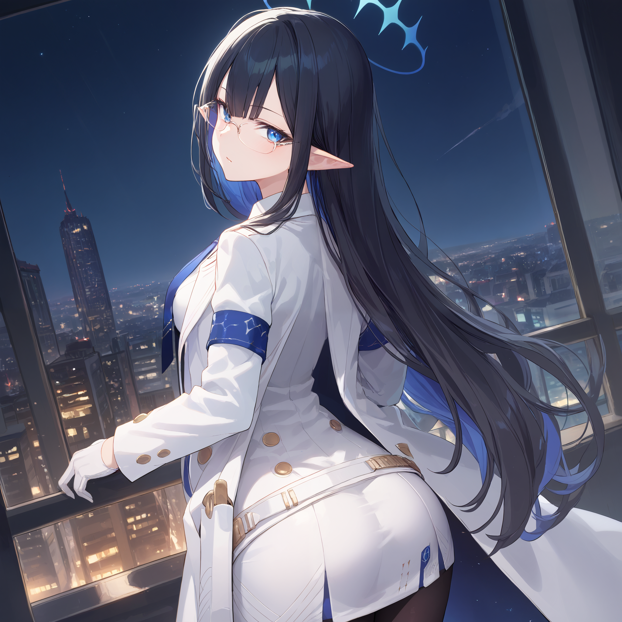 score_9, score_8_up, score_7_up, score_6_up, BREAK source_anime, look at viewer, night, city, 1girl, solo, from behind, masterpiece, best quality, high detailed skin,   rin \(blue archive\), long hair, multicolored hair, black hair, halo, pointy ears, blue eyes, glasses, necktie, white coat, belt, white skirt, white gloves, pantyhose,