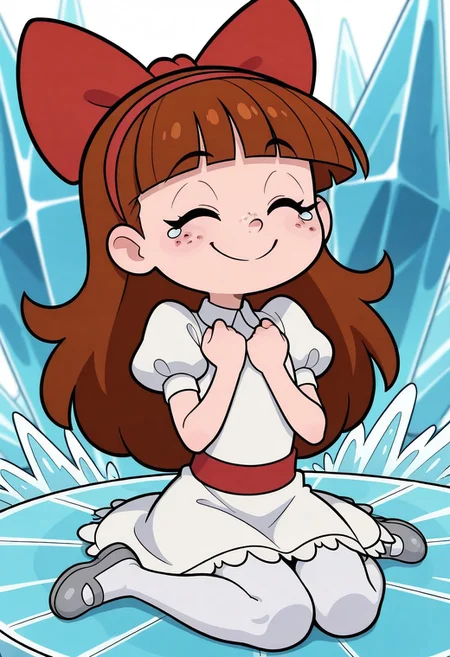 masterpiece, best quality, good quality, little girl, shortstack, 1girl, solo, freckles, blue eyes, eyelashes, perfect eyes, long hair, brown hair, straight bangs, red hairband, red hairbow, white dress, white collared dress, short sleeves, puffy sleeves, red belt, white petticoat, white pantyhose, silver shoes, sitting, wariza, knees together, eyes closed, hands on chest, fists clenched, smile, tears, ice palace, front view, upper body,