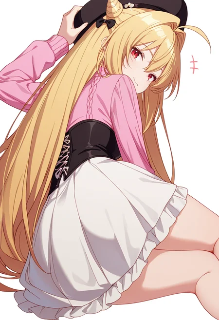 Smooth Quality,masterpiece,very intricate, high quality details, ultra realistic, high detailed skin,detailed enviorement,absurdres,
hand on headwear,
<lora:Terakomari_Gandesblood_CNR:0.8>
terakomari_cnr, 1girl,blonde hair, very long hair,cone hair bun, double bun,ahoge, hair between eyes, hair intakes, red eyes,black bow,, simple background, white background, from behind,
reclining pose, one leg crossed over the other, arm draped over backrest, calm demeanor, ,, \(^o^)/,, bustier, ,pullover,,skirt,,