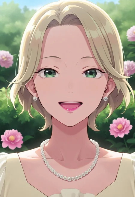 masterpiece,best quality,amazing quality, kudou hazuki, short hair, blonde hair, green eyes, 1girl, flower, jewelry, solo, necklace, earrings, smile, open mouth, looking at viewer, bush, pearl necklace, lipstick