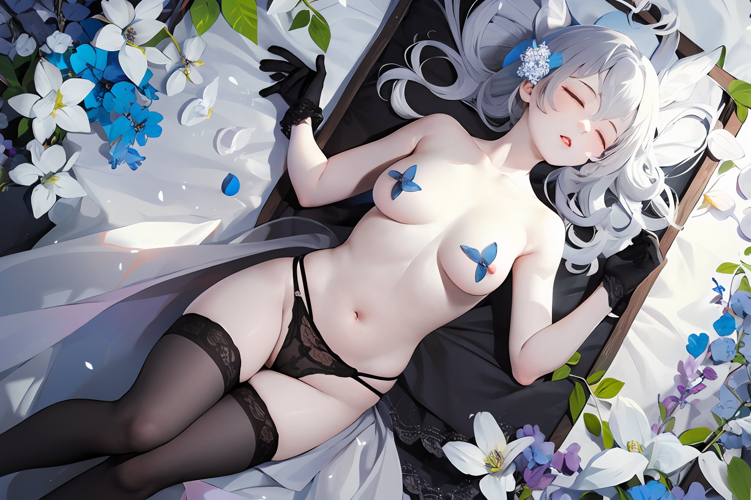 ((Masterpiece)),((Best Quality)),1girl,solo,breasts,navel,medium breasts,lingerie,collarbone,closed eyes,flower,white hair,lying,parted lips,black stockings,bracelets,black panties,side,topless,reality,lace gloves,<lora:lbc_hudie:0.7>,(sunlight),(angel),dynamic angle, floating, wing, halo, floating white silk,(Holy Light),silver stars,