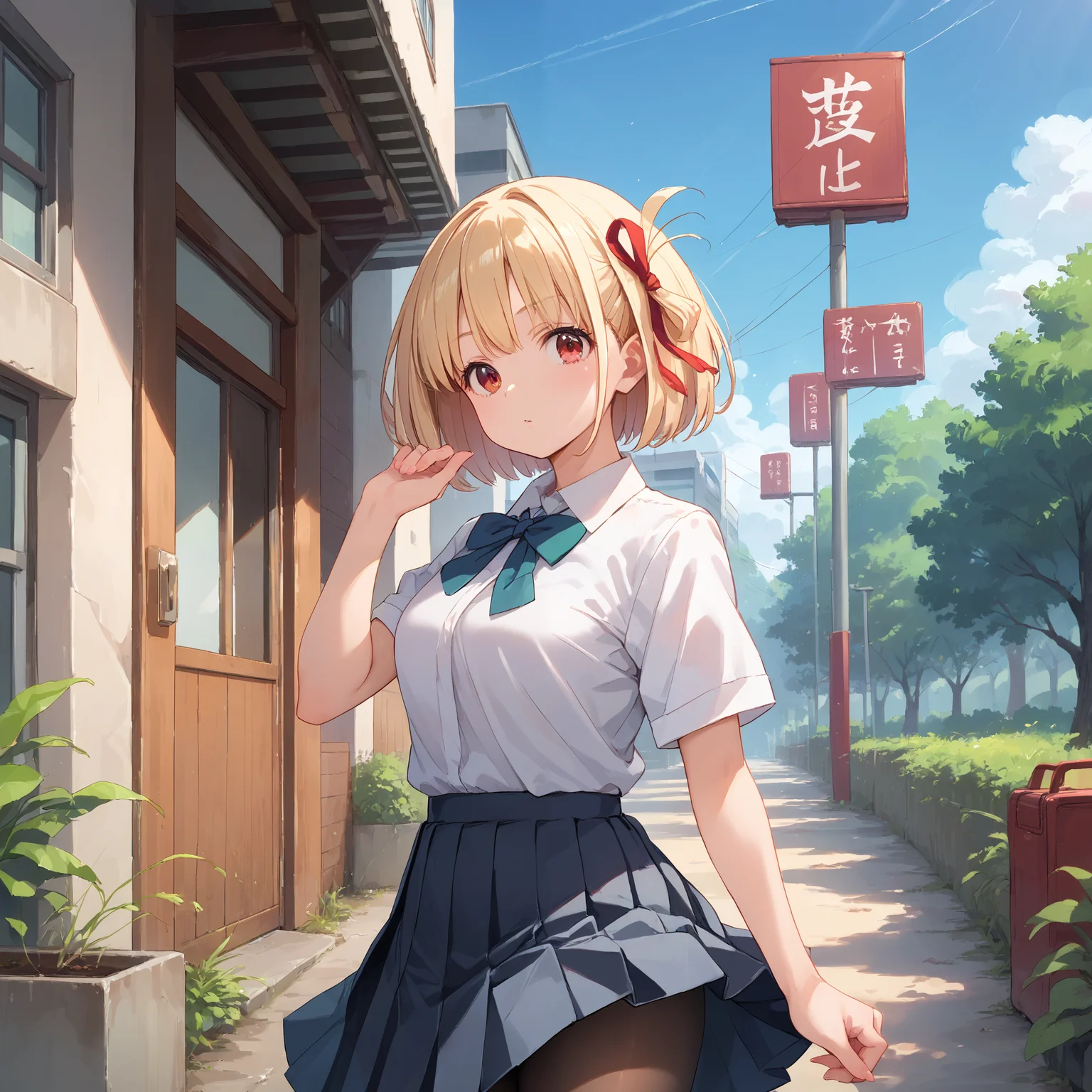 score_9, score_8_up, score_7_up, score_6_up, score_5_up, score_4_up, BREAK source_anime, look at viewer, 1girl, outdoors, masterpiece, best quality, high detailed skin, nishikigi chisato, short hair, blonde hair, red eyes, school uniform, white collared shirt, pleated skirt, pantyhose, bowtie,