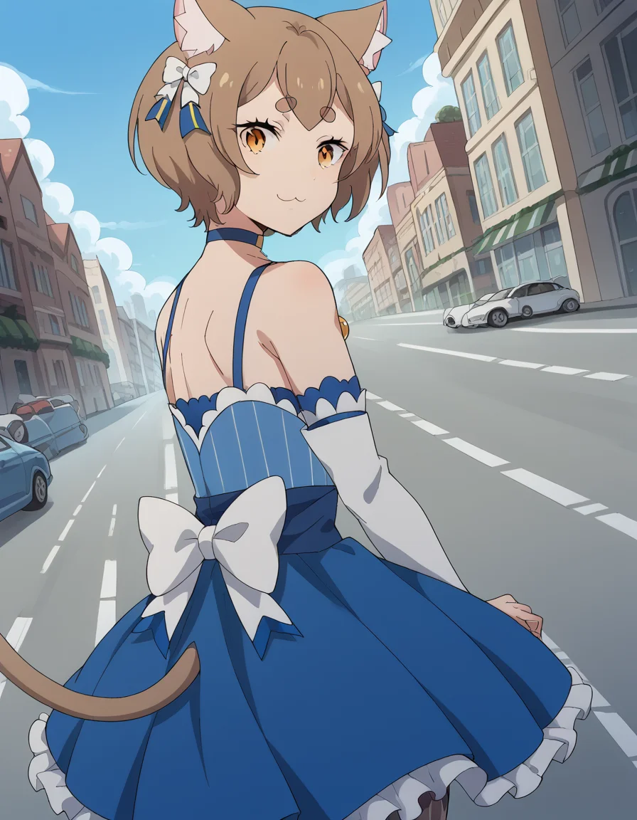 score_9, score_8_up, score_7_up, source_anime, <lora:felix-argyle-s3-p1-ponyxl-lora-nochekaiser:1>, felix argyle, short hair, bangs, brown hair, bow, animal ears, hair bow, male focus, cat ears, eyelashes, bob cut, thick eyebrows, white bow, otoko no ko,, dress, bare shoulders, collarbone, jacket, tail, pantyhose, detached sleeves, choker, striped, blue dress, vertical stripes, crossdressing, frills, skirt,, street, cars, buildings, city, people, smile, <lora:shaft-look-ponyxl-lora-nochekaiser:1>, shaft look, looking back, from behind, head tilt,, looking at viewer, solo,, dutch angle, cowboy shot