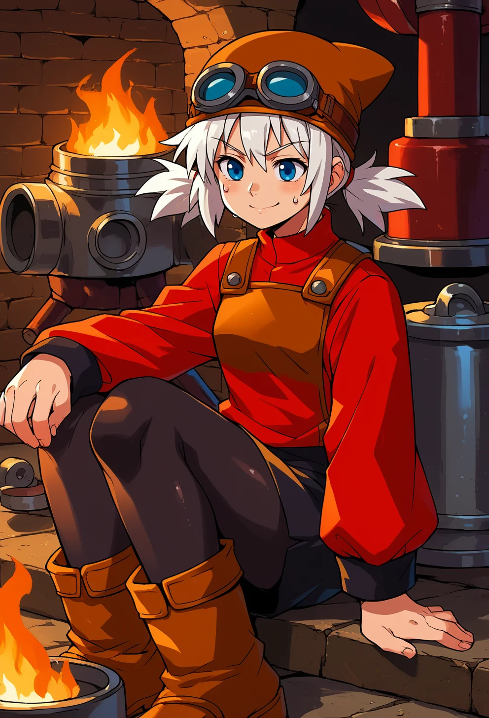 score_9, score_7_up, source_anime, BREAK solo, <lora:Pratty_XL:1> Pratty, blue eyes, short hair, white hair, short twintails, hair through headwear, goggles, brown headwear, red shirt, short over long sleeves, black long sleeves, red skirt, black pantyhose, leather breastplate, brown footwear, smile, sweat, smith, furnace, smithing, crafting, sitting, fire,