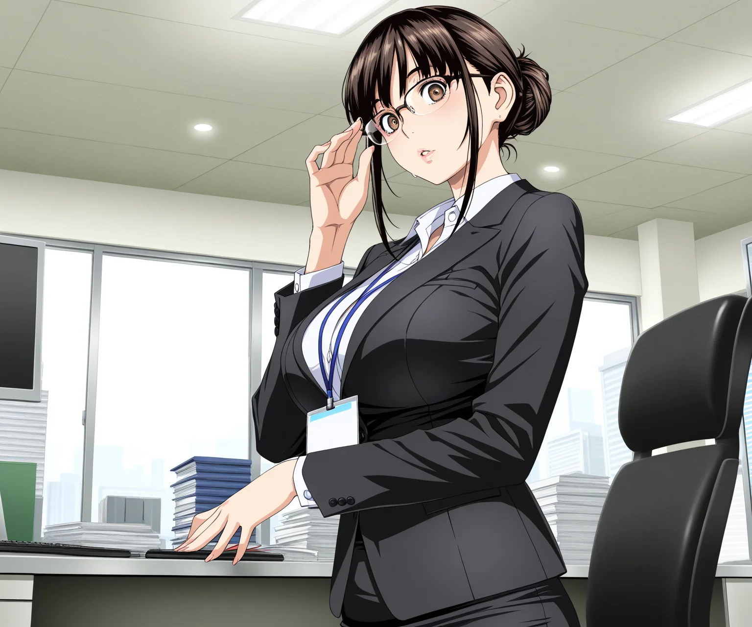 masterpiece, best quality, amazing quality, sfw, 1girl, solo, looking at viewer, business suit, skirt, glasses, medium hair, hair_bun, office lady, office <lora:Amano Ameno style ILL:1> amanoameno