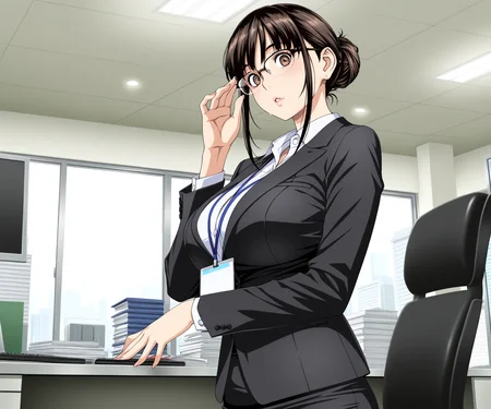 masterpiece, best quality, amazing quality, sfw, 1girl, solo, looking at viewer, business suit, skirt, glasses, medium hair, hair_bun, office lady, office <lora:Amano Ameno style ILL:1> amanoameno