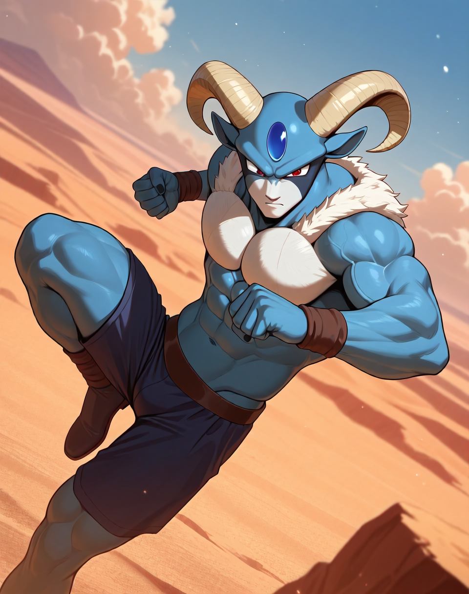 <lora:Moro_4th_Form_(Dragonball_Z)_(Illustrious)_(AD):1.3> Moro, muscular, goat,
dutch angle, exterior, desert, sky with detailed clouds,
male focus, gradient coloring, solo, cowboy shot, bent leg, blue body, soft shading, abs, punch, kick, 
BREAK very awe, aesthetically pleasing, masterpiece, best quality, amazing quality, very aesthetic, perfect depth of field shot, in'ei, furry_art, source_furry, source_anime,
EZRealPONYXL, zPDXL, Smooth Quality, lazympos, IllustQualXL_Pos,