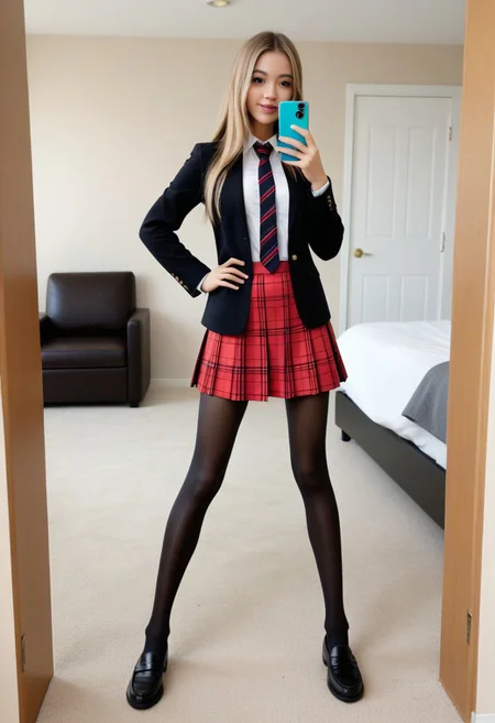 <lora:pantyhose_v20:0.6>, <lora:koreanDollLikenesss_v10:0.2>,
(detailed face:1.5), (NSFW:1.5), (long legs:1.5), (full legs:1.5), (black pantyhose:1.5),blonde hair
1girl, solo, skirt, plaid skirt, holding phone, jacket, necktie, plaid, black footwear, cellphone, standing, long hair, holding, brown hair, striped necktie, school uniform, shoes, striped, shirt, indoors, full body, pleated skirt, selfie, black jacket, long sleeves, loafers, blazer, miniskirt, legs, hand on hip, door, red skirt, open clothes, brown skirt, open jacket,
8k,((1 girl)), ((1 person)), (realistic:1.5), (masterpiece), best quality, highest quality, original,highres, unparalleled masterpiece, ultra realistic 8k, ((perfect female figure)),