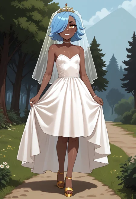 score_7_up, 1girl, erin_cc, dark complexion, one amber eye, one light blue eye, medium length blue hair, hair covering left eye, Full body, barefoot, standing, perfect hands, 5 fingers, perfect barefoot 5 toes, perfect small flat chest natural breasts;
Wedding dress, Wedding veil, Golden tiara, Wedding ring, Golden high heels sandals,
sensual, curvy, standing, in the woods, outdoors, nature, hike, sweat, looking at viewer, feminine, artistic effects, smiling,