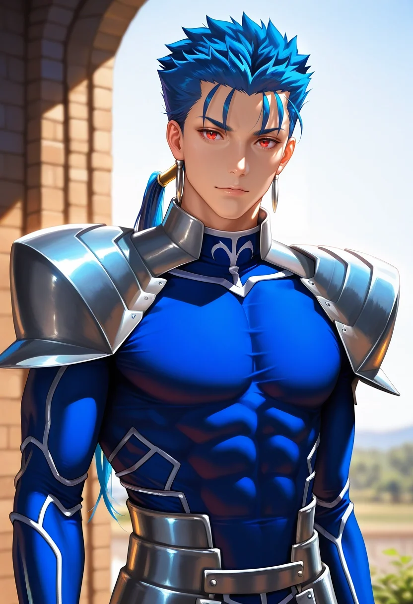 masterpiece, best quality, , (photorealistic:0.6), looking at viewer, 1boy, solo, male focus, <lora:lancer_fsn_ilxl:1>, lancer_fsn, cu chulainn \(fate\), blue hair, red eyes, long hair, ponytail, spiked hair, , , , knight costume