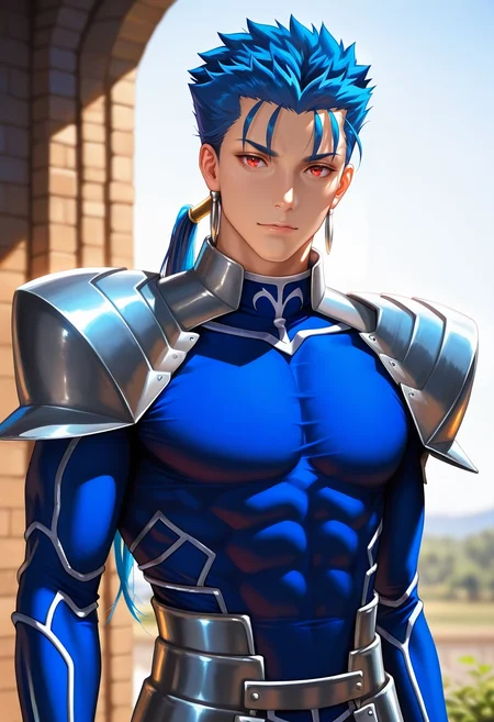 masterpiece, best quality, , (photorealistic:0.6), looking at viewer, 1boy, solo, male focus, <lora:lancer_fsn_ilxl:1>, lancer_fsn, cu chulainn \(fate\), blue hair, red eyes, long hair, ponytail, spiked hair, , , , knight costume
