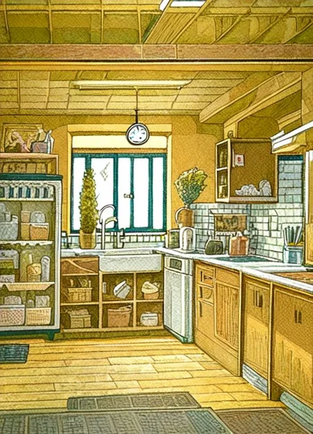best quality, masterpiece, comic flat illustration, art by Parnwell, E. C, highres, creative, celluloid, hyper detailed, kitchen