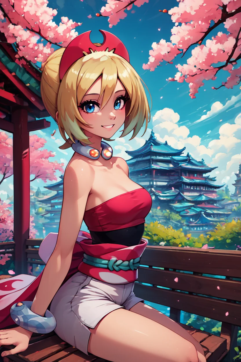 score_9, score_8_up, score_8, medium breasts, (curvy), cute, eyelashes, BREAK, , zzIrida, blonde hair, blue eyes, short hair, bangs, hair between eyes, red hairband, bracelet, neck ring, red shirt, sash, solo, strapless shirt, white shorts, waist cape, <lora:Irida_Pokemon_PDXL_Citron:0.8>, BREAK, sitting on bench, side view, smile, looking at viewer, cowboy shot, ,,, BREAK, pnkBldng, sky, day, cloud, tree, blue sky, building, architecture, east asian architecture, ,,, BREAK, embedding:zPDXL, Expressiveh, ,,, <lora:PinkBuildingsPDXL_v2:0.6>, <lora:SDXLFaeTastic2400:0.5>, <lora:Expressive_H-000001:0.4>