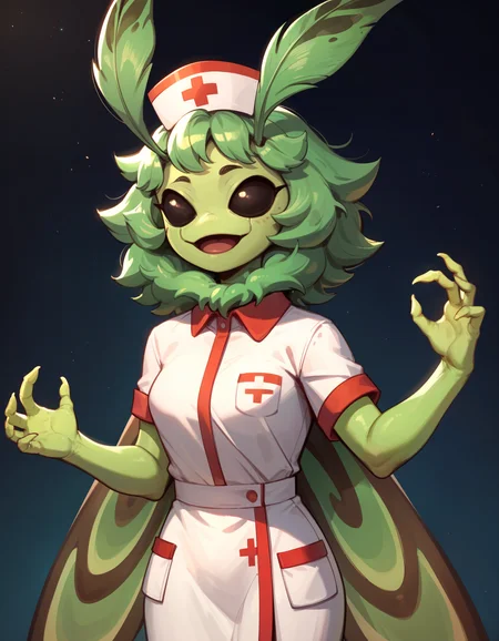 embedding:PDXL\zPDXL,(Masterpiece:1.4),(best quality:1.2),score_9,score_8_up,score_7_up,score_6_up,solo,dark background,ni4nchiki,moth girl,smiling,open mouth,antennae,small breasts,colored sclera,black sclera,hollow eyes,raised eyebrows,(folded wings:1.3),(green skin:1),white nurse hat,nurse outfit,(green claws:0.5),standingfull body <lora:MyTrainings\Temp\SS13\Nianchiki_XL_Pony.safetensors:0.8>