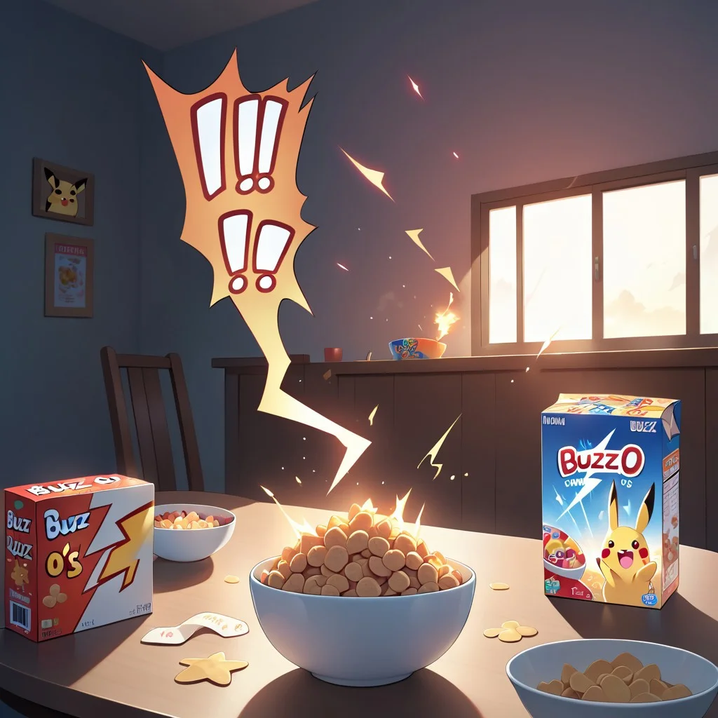 Buzz, adorable, HD, distinct image, rim lighting, buzz, kid's cereal box with the word BUZZ-O's, lightning-bolt shaped cereal pieces, dining table, morning, ((text: "BUZZ-O's")), (empty bowl), spilt cereal, Pikachu, cereal bowl, excited, sparks coming from bowl